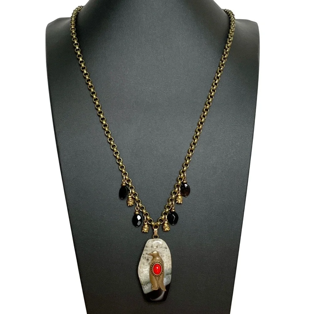 Vintage Penguin Agate Statement Necklace Brass Tone Beads Artisan Folk Nature